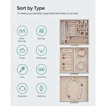 SONGMICS Jewelry Box with Glass Lid, 3-Layer Jewelry Organizer, 2 Drawers, for Big and Small Jewelry, Modern Style, 8 x 9.1 x 5.3 Inches, Valentine's Day Gift, Smoky Blue and Gold Color UJBC239Q01