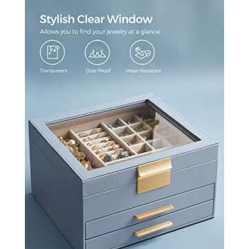 SONGMICS Jewelry Box with Glass Lid, 3-Layer Jewelry Organizer, 2 Drawers, for Big and Small Jewelry, Modern Style, 8 x 9.1 x 5.3 Inches, Valentine's Day Gift, Smoky Blue and Gold Color UJBC239Q01