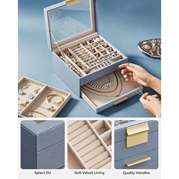 SONGMICS Jewelry Box with Glass Lid, 3-Layer Jewelry Organizer, 2 Drawers, for Big and Small Jewelry, Modern Style, 8 x 9.1 x 5.3 Inches, Valentine's Day Gift, Smoky Blue and Gold Color UJBC239Q01