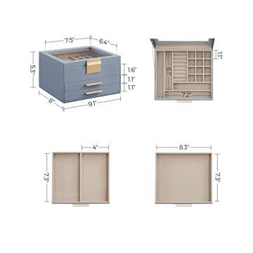 SONGMICS Jewelry Box with Glass Lid, 3-Layer Jewelry Organizer, 2 Drawers, for Big and Small Jewelry, Modern Style, 8 x 9.1 x 5.3 Inches, Valentine's Day Gift, Smoky Blue and Gold Color UJBC239Q01