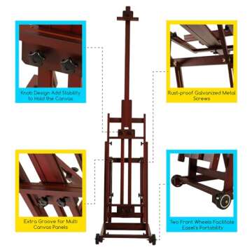 MEEDEN Multi-Function Studio Easel,H-Frame Easel,Painting Easel for Adults,Artist Easel,Floor Easel,Solid Beech Wood Easel w/Front Wheels,Holds Canvas Art up to 77" - Walnut