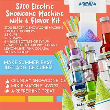 Hawaiian Shaved Ice S700 Snow Cone Machine Kit with 6 - 16oz. Syrups: Cherry, Grape, Blue Raspberry,...