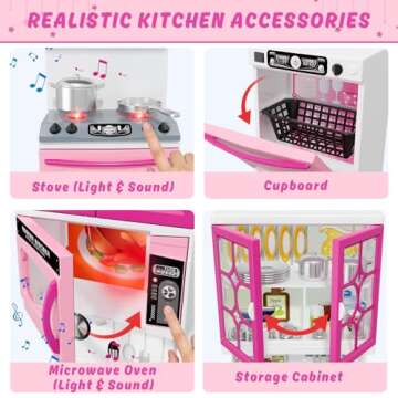 Wee Wonders 57 PCS Kitchen Playset for Girls, 5-in-1 Toddler Mini Kitchen with Realistic Lights & So...