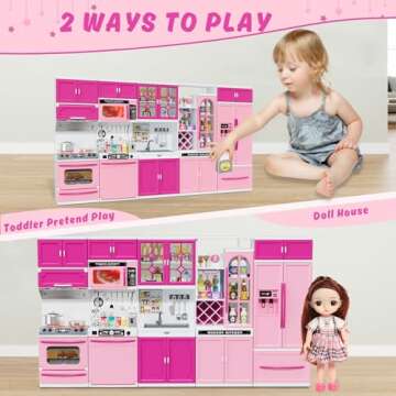 Wee Wonders 57 PCS Kitchen Playset for Girls, 5-in-1 Toddler Mini Kitchen with Realistic Lights & Sounds, Doll Kitchen House Toy, Mini Furniture Pretend Play Toys for Kids Age 3+, Pink
