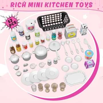 Wee Wonders 57 PCS Kitchen Playset for Girls, 5-in-1 Toddler Mini Kitchen with Realistic Lights & Sounds, Doll Kitchen House Toy, Mini Furniture Pretend Play Toys for Kids Age 3+, Pink