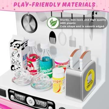 Wee Wonders 57 PCS Kitchen Playset for Girls, 5-in-1 Toddler Mini Kitchen with Realistic Lights & Sounds, Doll Kitchen House Toy, Mini Furniture Pretend Play Toys for Kids Age 3+, Pink