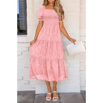 PRETTYGARDEN Women's Summer Casual Midi Dresses Square Neck Short Sleeve Smocked A Line Floral Flowy Elegant Boho Dress (Pink,Large)