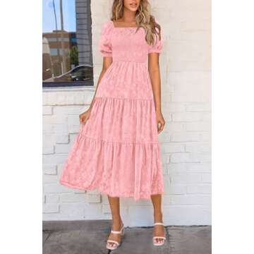 PRETTYGARDEN Women's Summer Casual Midi Dresses Square Neck Short Sleeve Smocked A Line Floral Flowy Elegant Boho Dress (Pink,Large)