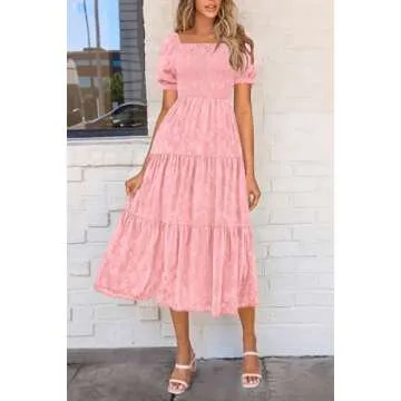 PRETTYGARDEN Women's Summer Casual Midi Dresses Square Neck Short Sleeve Smocked A Line Floral Flowy Elegant Boho Dress (Pink,Large)