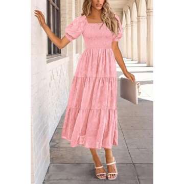 PRETTYGARDEN Women's Summer Casual Midi Dresses Square Neck Short Sleeve Smocked A Line Floral Flowy Elegant Boho Dress (Pink,Large)