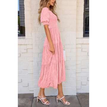 PRETTYGARDEN Women's Summer Casual Midi Dresses Square Neck Short Sleeve Smocked A Line Floral Flowy Elegant Boho Dress (Pink,Large)