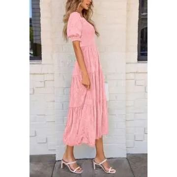 PRETTYGARDEN Women's Summer Casual Midi Dresses Square Neck Short Sleeve Smocked A Line Floral Flowy Elegant Boho Dress (Pink,Large)