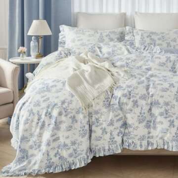 Brandream French Country Toile Duvet Cover Set Full Size for Girls Bedroom Vintage Blue Toile Floral Print 100% Cotton Delicate Ruffle Fringe Soft and Breathable, 3 Pieces Bedding with Zipper Closure
