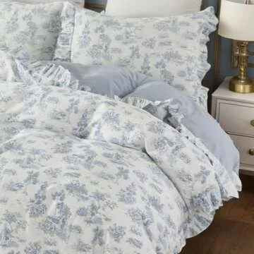 Brandream French Country Toile Duvet Cover Set Full Size for Girls Bedroom Vintage Blue Toile Floral Print 100% Cotton Delicate Ruffle Fringe Soft and Breathable, 3 Pieces Bedding with Zipper Closure