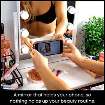 REBEL POPPY Vanity Mirrors with LED Lights - Phone Mount, 3 Lighting Touch Control, 18.5” x 14.8”, Fogless - Hollywood Lighted Makeup Mirror (White)