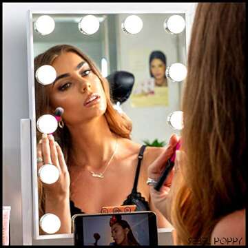 REBEL POPPY Vanity Mirrors with LED Lights - Phone Mount, 3 Lighting Touch Control, 18.5” x 14.8”, Fogless - Hollywood Lighted Makeup Mirror (White)