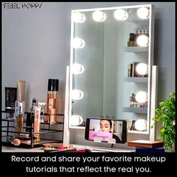 REBEL POPPY Vanity Mirrors with LED Lights - Phone Mount, 3 Lighting Touch Control, 18.5” x 14.8”, Fogless - Hollywood Lighted Makeup Mirror (White)