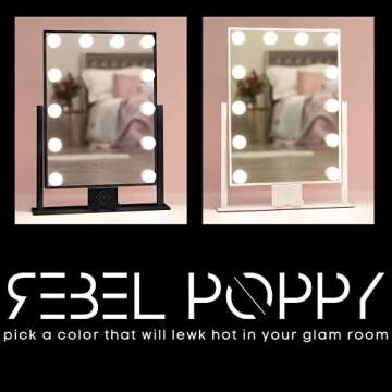 REBEL POPPY Vanity Mirrors with LED Lights - Phone Mount, 3 Lighting Touch Control, 18.5” x 14.8”, Fogless - Hollywood Lighted Makeup Mirror (White)