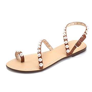 Monrovia Women's Pearl Flat Sandals, Boho Toe Ring Sandals, Summer Chic Comfort Beach Sandals, Easy ...