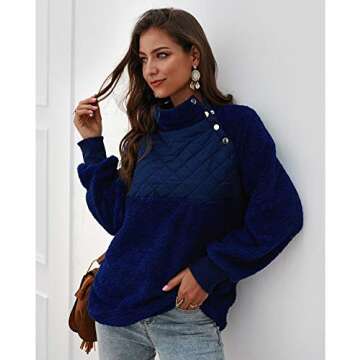 CEUCAL Women's Long Sleeves Warm Sweatshirts Oblique Button Neck Splice Geometric Pattern Fleece Pullover Coat Outwear Blue M