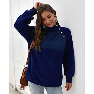 CEUCAL Women's Long Sleeves Warm Sweatshirts Oblique Button Neck Splice Geometric Pattern Fleece Pullover Coat Outwear Blue M