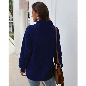 CEUCAL Women's Long Sleeves Warm Sweatshirts Oblique Button Neck Splice Geometric Pattern Fleece Pullover Coat Outwear Blue M