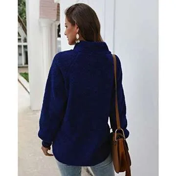 CEUCAL Women's Long Sleeves Warm Sweatshirts Oblique Button Neck Splice Geometric Pattern Fleece Pullover Coat Outwear Blue M