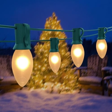 Abeja C9 White Ceramic Christmas String Lights - 25ft Outdoor Lights with 26 Frosted Bulbs for Your ...