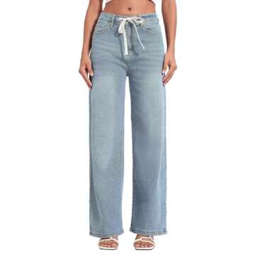 Allimy Womens Fall Loose Drawstring High Waist Wide Leg Jeans Straight Leg Washed Denim Jeans Long T...