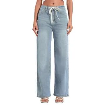 Allimy Womens Fall Loose Drawstring High Waist Wide Leg Jeans Straight Leg Washed Denim Jeans Long T...
