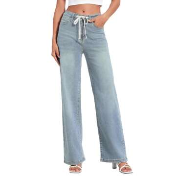Allimy Womens Fall Loose Drawstring High Waist Wide Leg Jeans Straight Leg Washed Denim Jeans Long Trousers Pants with Pockets Light Blue 6