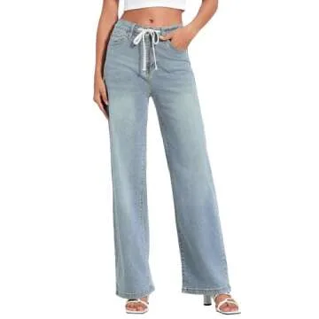Allimy Womens Fall Loose Drawstring High Waist Wide Leg Jeans Straight Leg Washed Denim Jeans Long Trousers Pants with Pockets Light Blue 6