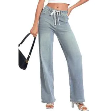Allimy Womens Fall Loose Drawstring High Waist Wide Leg Jeans Straight Leg Washed Denim Jeans Long Trousers Pants with Pockets Light Blue 6