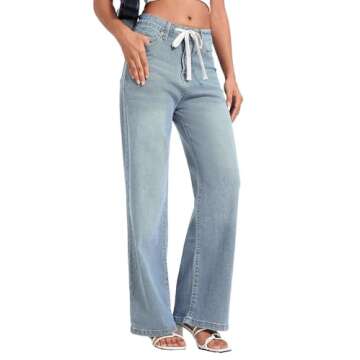 Allimy Womens Fall Loose Drawstring High Waist Wide Leg Jeans Straight Leg Washed Denim Jeans Long Trousers Pants with Pockets Light Blue 6