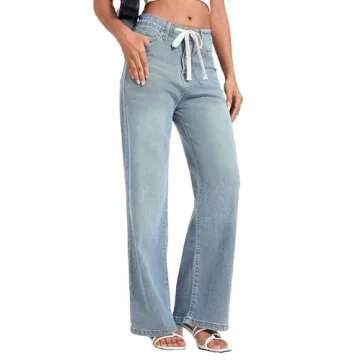 Allimy Womens Fall Loose Drawstring High Waist Wide Leg Jeans Straight Leg Washed Denim Jeans Long Trousers Pants with Pockets Light Blue 6