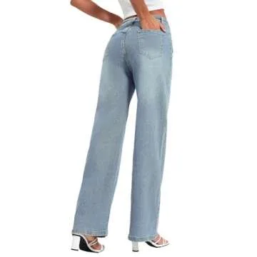 Allimy Womens Fall Loose Drawstring High Waist Wide Leg Jeans Straight Leg Washed Denim Jeans Long Trousers Pants with Pockets Light Blue 6