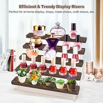 DILIBRA 2 Packs Wood Acrylic Display Stand, 5-Step Tiered Wooden Risers Display Shelf Organizer, Rustic Brown Table Display Shelves Rack for Collectibles Amiibo Pop Figures Cupcakes Perfumes Desserts