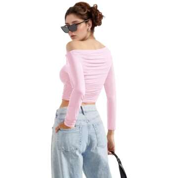 MISS MOLY Women's Off Shoulder Asymmetrical Tops Y2K Ruched Slim Sexy Cropped Long Sleeve Tee Shirts...