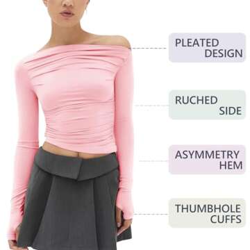 MISS MOLY Women's Off Shoulder Asymmetrical Tops Y2K Ruched Slim Sexy Cropped Long Sleeve Tee Shirts Bright Pink 2XL