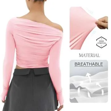 MISS MOLY Women's Off Shoulder Asymmetrical Tops Y2K Ruched Slim Sexy Cropped Long Sleeve Tee Shirts Bright Pink 2XL