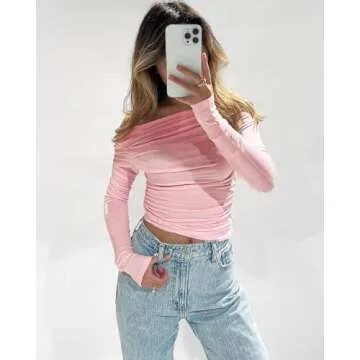 MISS MOLY Women's Off Shoulder Asymmetrical Tops Y2K Ruched Slim Sexy Cropped Long Sleeve Tee Shirts Bright Pink 2XL