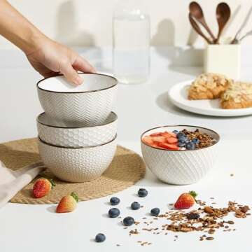KooK Soup Bowls, Embossed, Ceramic Bowl, for Soup, Cereal and Poke, Microwave & Dishwasher Safe, Cre...