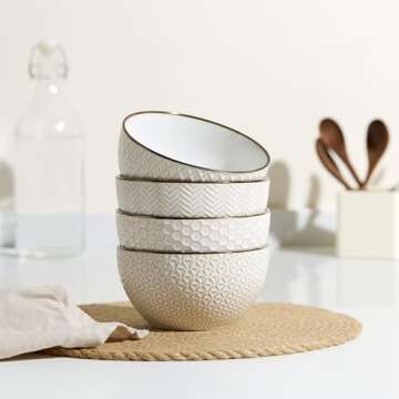 KooK Soup Bowls, Embossed, Ceramic Bowl, for Soup, Cereal and Poke, Microwave & Dishwasher Safe, Cream with Dark Copper Accents, Set of 4, 26 oz, Narbonne Collection