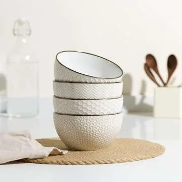 KooK Soup Bowls, Embossed, Ceramic Bowl, for Soup, Cereal and Poke, Microwave & Dishwasher Safe, Cream with Dark Copper Accents, Set of 4, 26 oz, Narbonne Collection