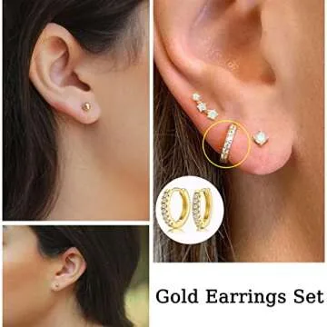 14K Small Gold Plated Hoop Studs Earrings for Women, Fashion Hypoallergenic Dainty Minimalist CZ Ball Chain Earrings for Birthday Party Christmas Jewelry Gift.