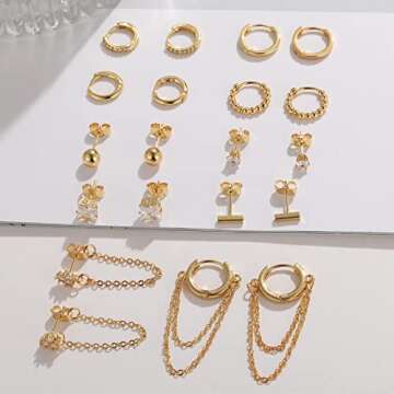 14K Small Gold Plated Hoop Studs Earrings for Women, Fashion Hypoallergenic Dainty Minimalist CZ Ball Chain Earrings for Birthday Party Christmas Jewelry Gift.