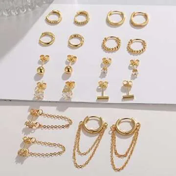 14K Small Gold Plated Hoop Studs Earrings for Women, Fashion Hypoallergenic Dainty Minimalist CZ Ball Chain Earrings for Birthday Party Christmas Jewelry Gift.