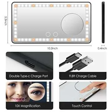 TiKenSo Car Visor Vanity Mirror, 1X/10X Magnification Rechargeable Sun Visor Mirror with 60 LED 3 Light Modes Adjustable Light Up Car Mirror with Touch Screen, A-black