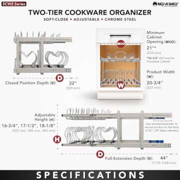 Rev-A-Shelf Two-Tier Steel Wire Pullout Cookware Cabinet Organizer w/Soft-Close