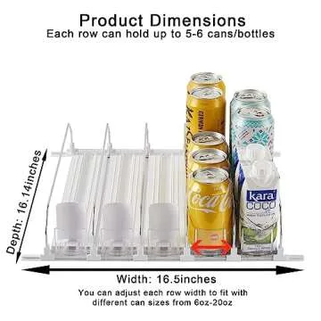 Soda Can Dispenser for Refrigerator, Width Adjustable Self-Pushin Soda Can Organizer, Beer Pop Can Water Bottle Storage for Fridge, Pantry, Kitchen (5 Rows, White)